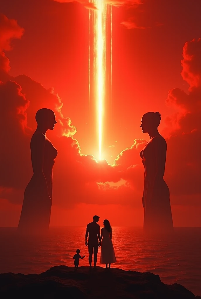 (masterpiece:1.2,Exceptional Quality,mirror-like,Cinematic Experience,Photorealistic,RAW Photos,Super detailed),8k,wallpaper,(Beautiful multiple exposure combining a beautiful female cyborg and her family:2.0),The background is dusk,(Creating the outline of the female cyborg&#39;s upper body:2.0),Sharp lines,Sharp Focus,Double Exposure,Full Color