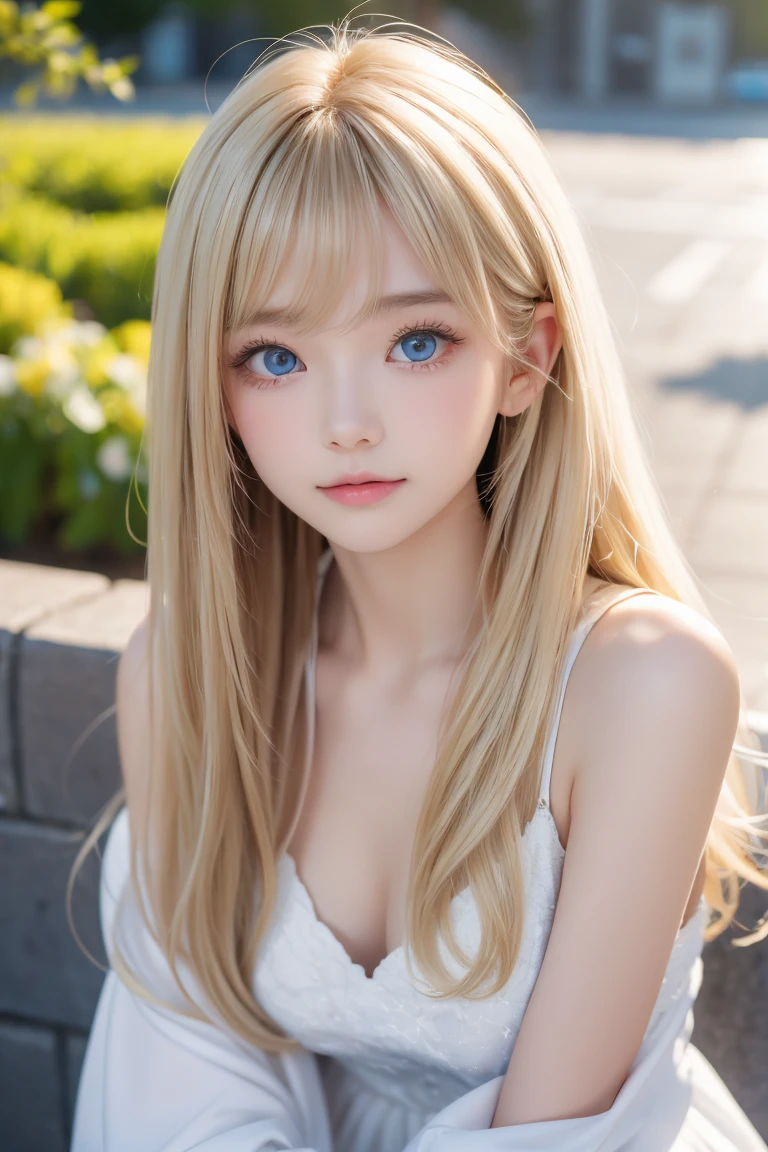 Beautiful white and shining skin、Blonde hair color changes depending on the light、Long bangs obstruct the view、Highlights of cheek luster、Sexy, very beautiful, lovely, cute, gorgeous face、The most beautiful face in the world、Super long and gorgeous white hair、Smooth straight hair、big, glowing bright blue eyes、Beautiful Bangs、Beautiful cute 15 year old girl、Emphasize the chest