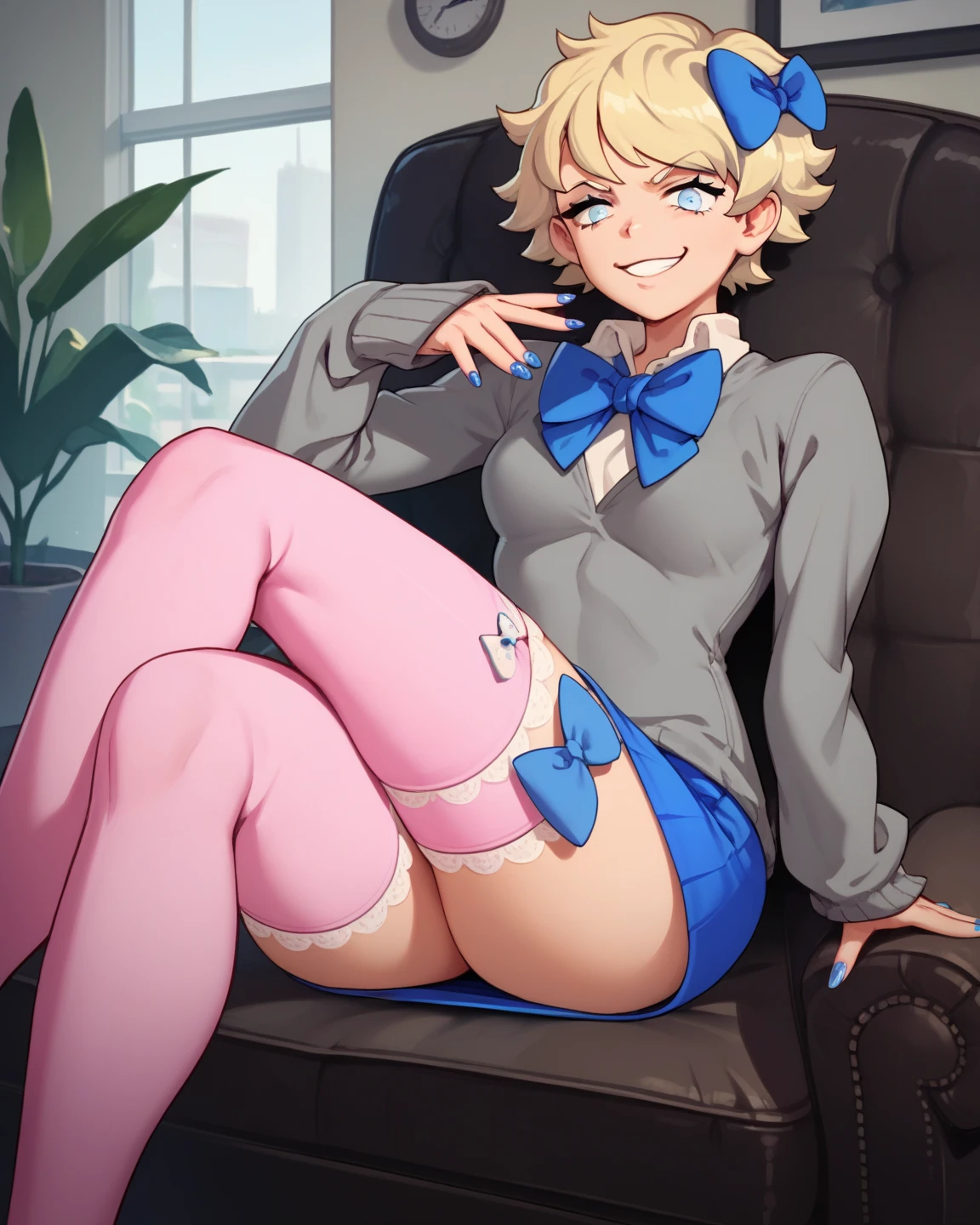 (solo) female ,blond ponytail hair, woman (big breasts:1.5), attractive, purple shirt, tight black skirt, lab coat,grey garter belt tights ,fit body, thicc, freckles, freckles on face, smug eyes, (happy expression), she is sitting at the table look to the viewer , violet background, simple background, thick thighs  (front view) high heels (purple panties)