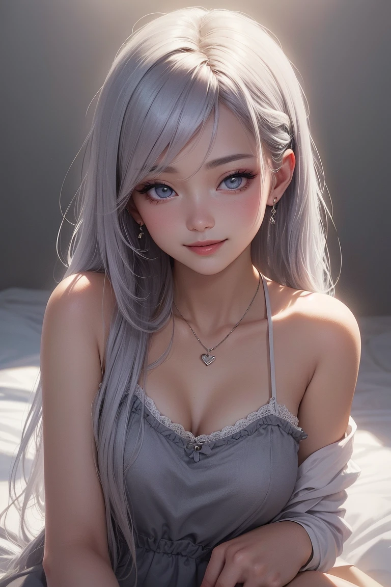 Best Quality,High resolution,8K,finelity detailed background,Masterpiece:1.2),beautiful girl,Glossy romance gray hair,crossed bangs,Gray eyes,Gentle look,A refreshing look,smile,Best quality,Best Quality,Aesthetic and aesthetic:1.2,Best details((Super detailed))(High-definition CG illustrations),Upper Body,Dark grey underwear,Slender body,night,moon,Bedroom,On the bed,smile,blush,cute,Scrounge,Looking up,Being spoiled,super model,wariza,shoot from,below