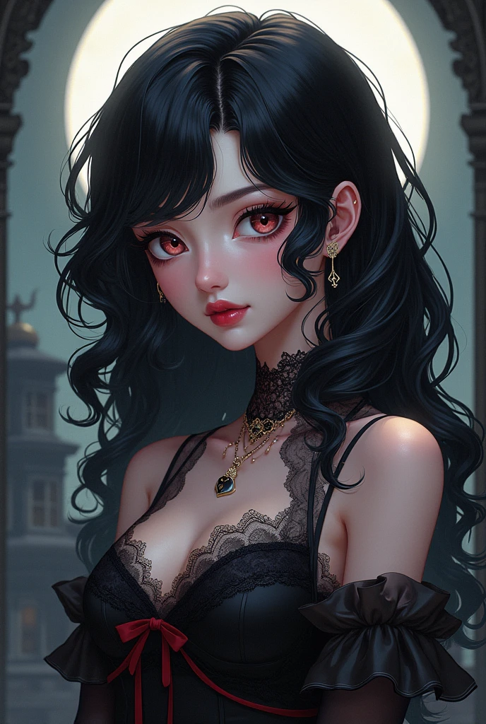 vampire、two kiss、Depth of bounds written, detailed eye, ((CG illustration)), ((face focus)), ((masterpiece)), ((8K)), ((super detailed)), ((Super high quality)), ((cinematic)), ((Photoreal)), ((close up shot)), (solo), (cool girl), very long hair, straight hair, (((thin body))), Glossy skin, ((look away)), (Beautiful goth girl with high cheeks and legs), Gothic makeup, clear eyes, lipstick, dark eye shadow, ((No bra)), choker, earrings, provoke, night, ((full moon)), ((Functional)), Lonely, Visual kei, ((pastel colour)), Unwound clothes, forget, kiss, White Knight, dark, silence