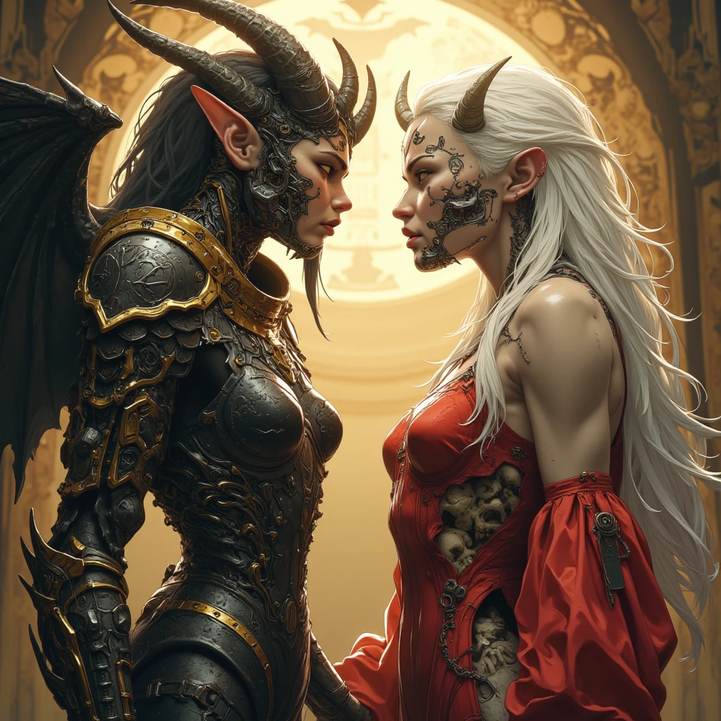 The woman is a fly demon of monstrous appearance with jet-black skin, the Queen of Flies and wife of Beelzebub, the Fly King. The couple are embracing and kissing.、((Highest quality)), ((masterpiece)), (detailed), (Perfect Face)、The female fly demon, a subordinate of the fly demon king Beelzebub, is the demon queen Bertilu. She has golden blonde, semi-long hair and her body has transformed into an aberrant demon. Fly antennae grow from her head, making her a fly demoness. She wears a fly-like black demon outfit, adorned with luxurious earrings, an engagement ring, and other lavish accessories. The demon queen is a fly demoness whose female body has completely transformed into a fly demon, mirroring the demon king's appearance.、The woman became Beelzebub's wife, becoming the fly queen and spending her life with the fly king.、The woman deeply loves her husband, Beelzebub, the great fly demon king.