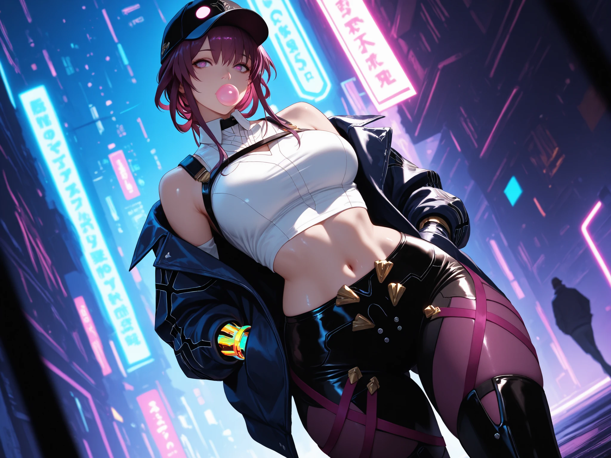 8k_wallpaper, extremely detailed eyes, extremely detailed body, (large masterpiece digital art), (detailed manga illustration), (detailed line art), ((perfect anatomy)), (intricate details:1.3), (ultra-detailed:1.3), (illustration:1.3), (sharp focus:1.3), (natural lighting:1.05), (vivid colors:1.3),, high quality, expressive eyes, detailed face, beautiful face, perfect face, 1 girl, breasts, cleavage, gloves, large breasts, cyberpunk clothes, leather jacket, very long hair, thigh length hair, ({dark skin}), dark-skinned female ,detailed ((red hair)), messy hair, ((afro)), brown eyes, Filipino woman, hourglass physique, jeans, thick thighs, toned, dynamic lighting, 4k resolution, dynamic pose, smiling, city background, posing, motorcycle, tool belt,