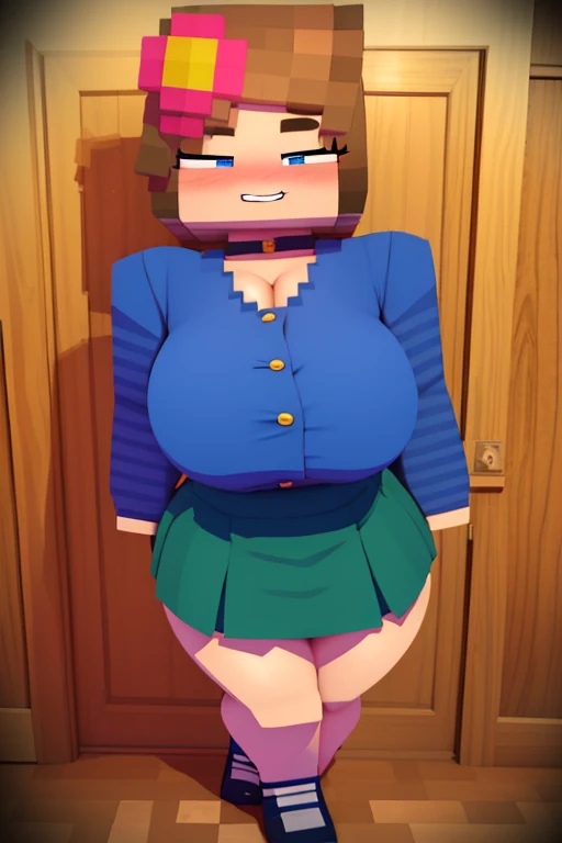 Jenny Belle in a Minecraft mod, blue skirt, white shirt with buttons, tight, gigantic breasts, from below, Grinning, blush, best quality, masterpiece, perfect lighting, arms behind back