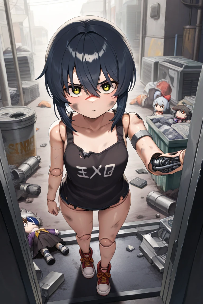 My feet are covered in mud、With sea mud、shoot from below、Black T-shirt、Black Swimsuit、Thighs、Girl、Girl、Short、Younger、Lower school year、Baby Face、Both eyes open、flat chest、Dynamic Angle