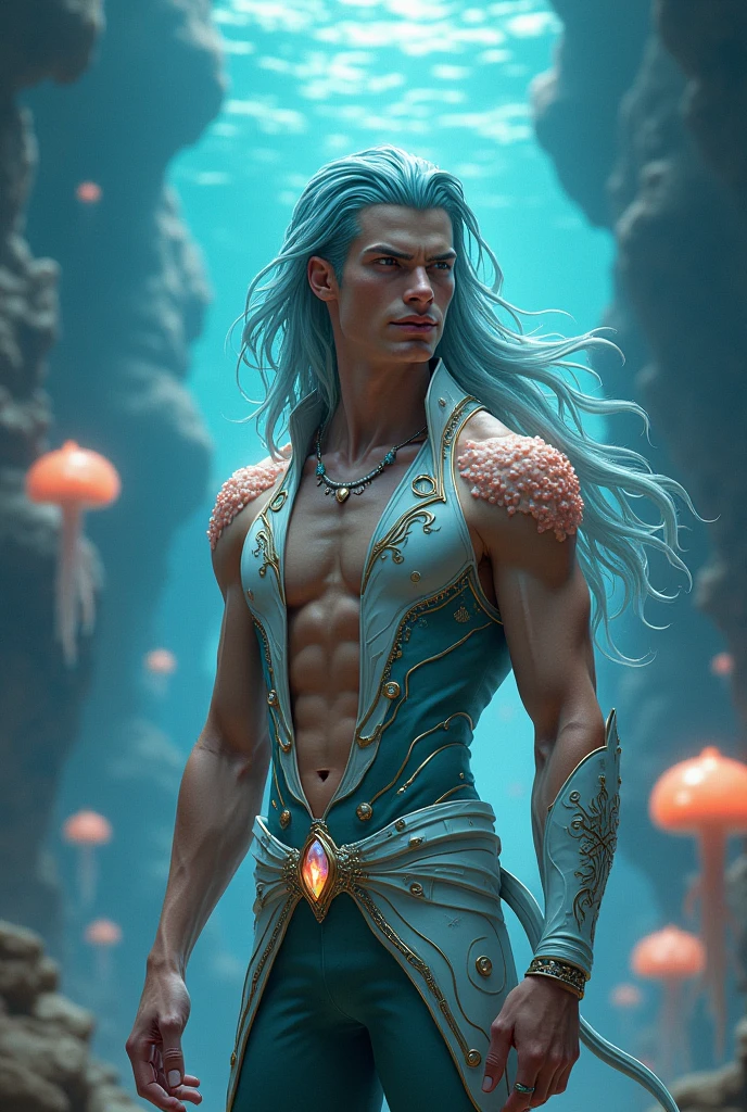 (masterpiece, best quality), man, wearing micro thong, see-through thong, penis sticking out of thong , mushroom water world, wide angle, athletic body, male, iridescent skin, flat chest, silver eyes, green hair styled in spikes, determined expression, bioluminescent lighting, small waist, broad chest, big mane, slim scruffy, muscular , illustration, watercolor ink sketch, (best quality)), intricate detailed,solo, masterpiece,