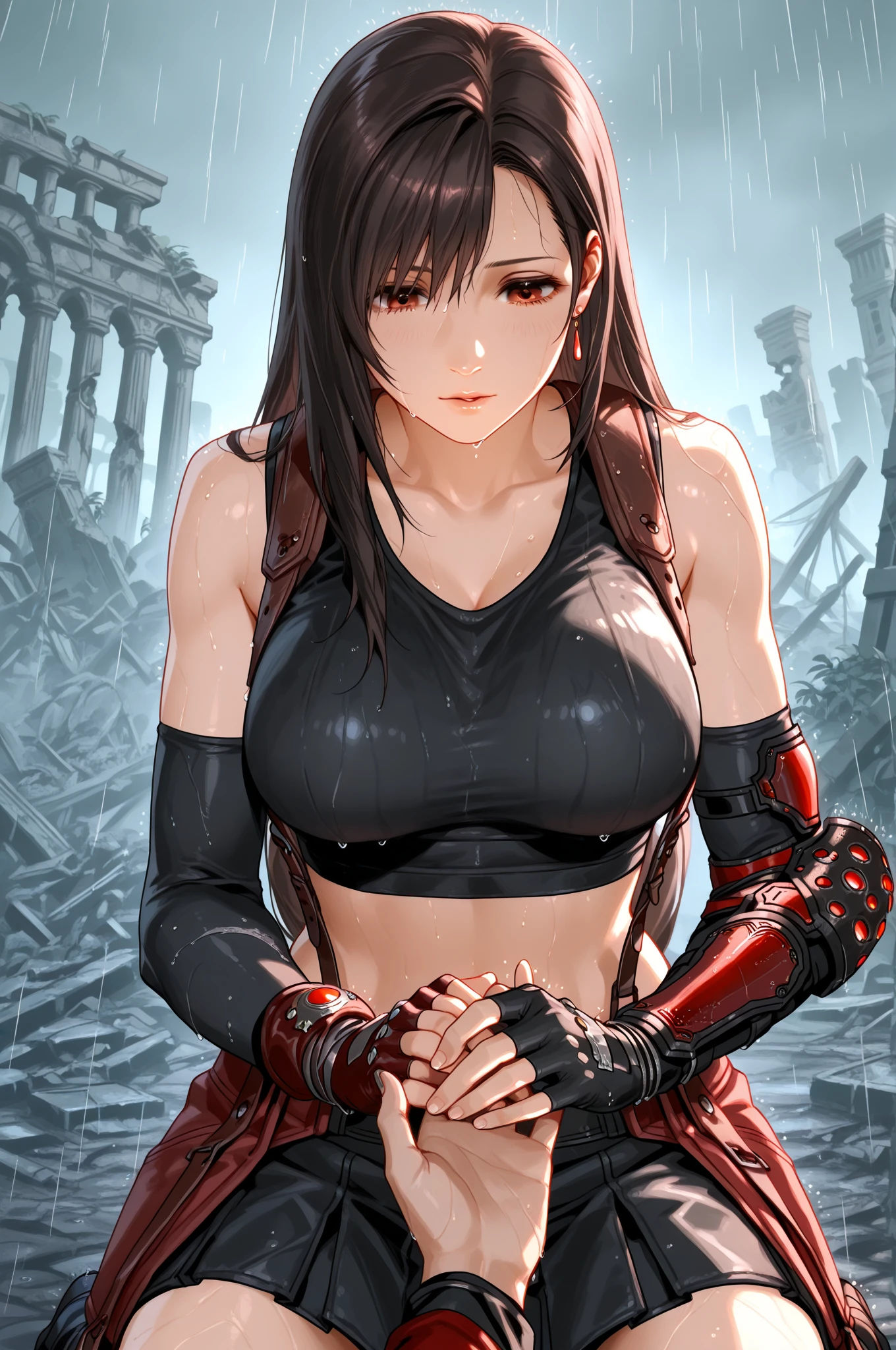 (Highest quality, High resolution:1.2), One girl, Beautiful attention to detail, Beautiful lip detail, Highly detailed eyes and face, Long eyelashes, Moderate:oil, Vibrant colors, High resolution, Studio Lighting, Ultra-fine painting, Sharp focus, Physically Based Rendering, Very detailed explanation, Portraiture, Curved body, Big Breasts, Perfect shape, Show your armpits, In-person audience, Sweaty, nice, Raise the hand, Half-body photo, Displayed in full frame, Sleeveless turtleneck