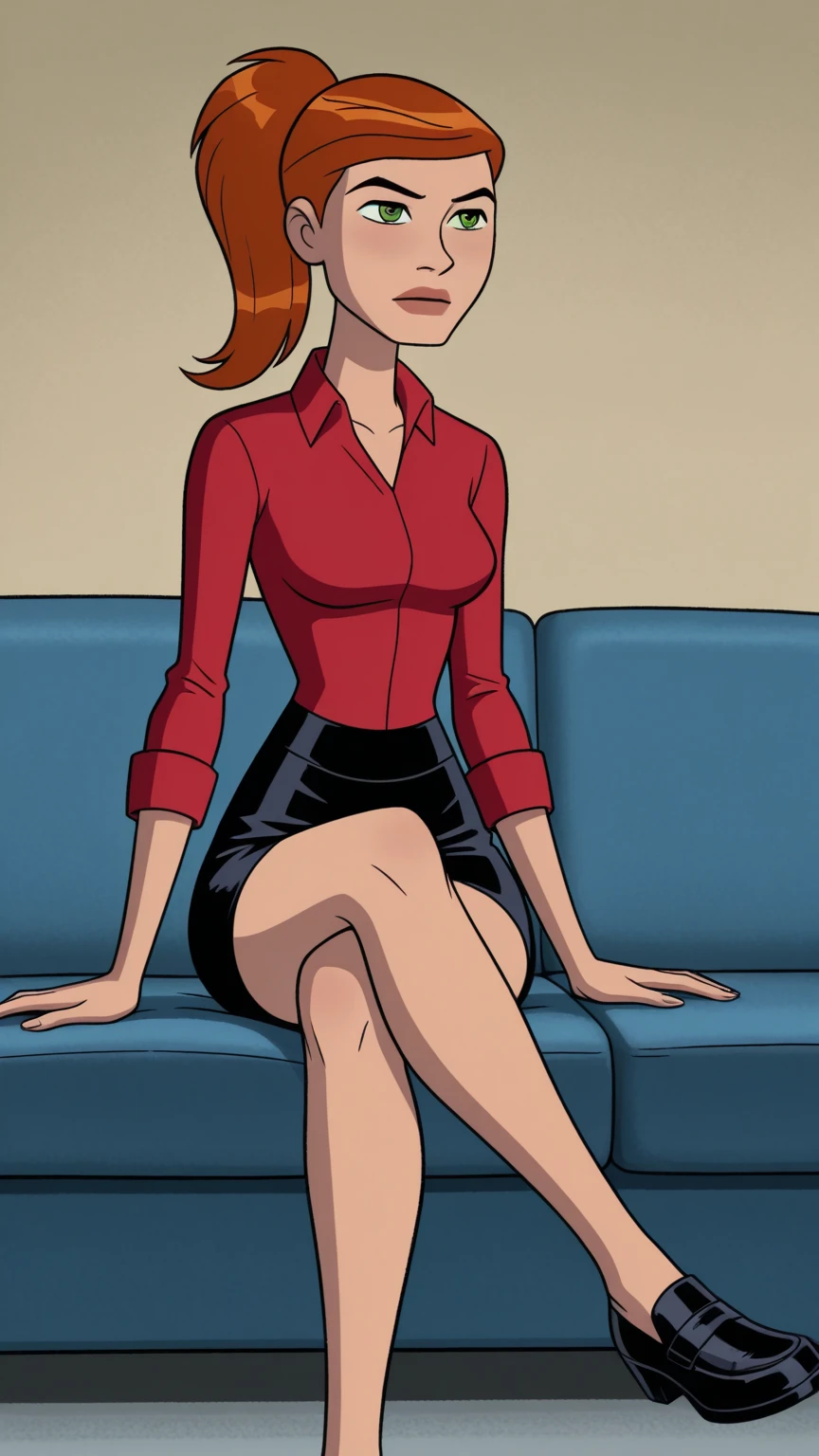 sylvia, 1girl, solo, orange hair, short hair, green eyes, furry female, glasses, angry, white shirt, black skirt,necklace, looking at viewer, cowboy shot,, score_9, score_8_up, score_7_up, score_6_up, score_5_up, score_4_up , from below, ???????, black thong, skirt lift, seductive smile, aroused, open mouth, one leg up, black High heels, teeth,