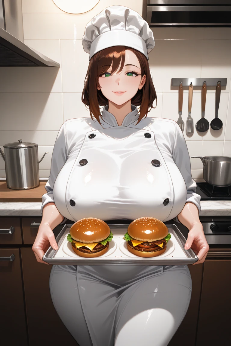 masterpiece, best quality, smile, open mouth, Breast burgers, hamburgers made from breasts, bread on top of breasts, breasts on top of bread, breast sandwich, breasts inside hamburgers, breast burger, breast hamburgers, hamburgers, girls using their boobs as hamburgers, boobs hamburgers, boobs burger, 1girl, solo , wearing a McDonald's uniform, McDonald's uniform