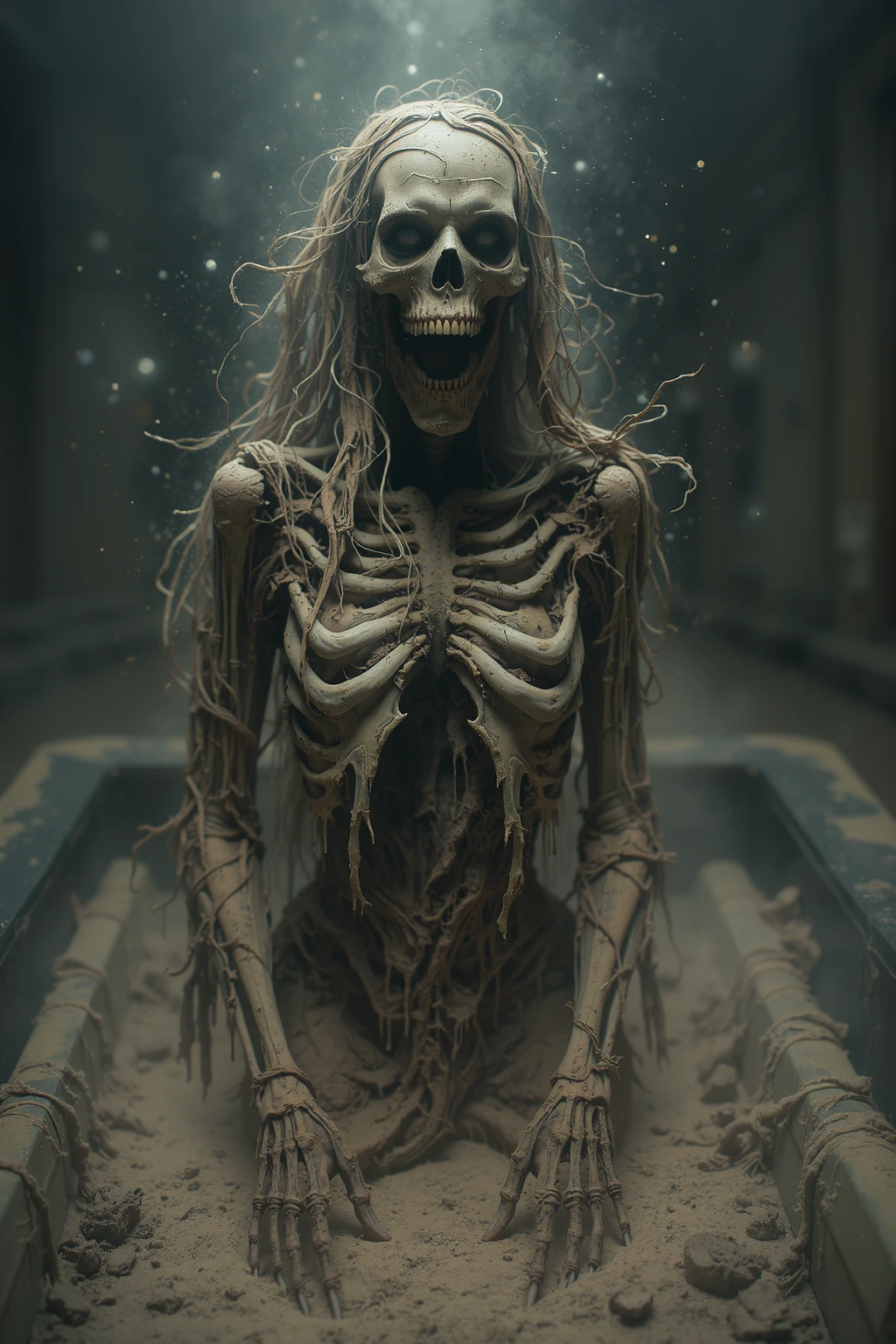 Ancient mummified skeletal female vampire with saggy , rotten hanging skin, and skeletal head rising out of a sarcophagus surrounded by dust clouds