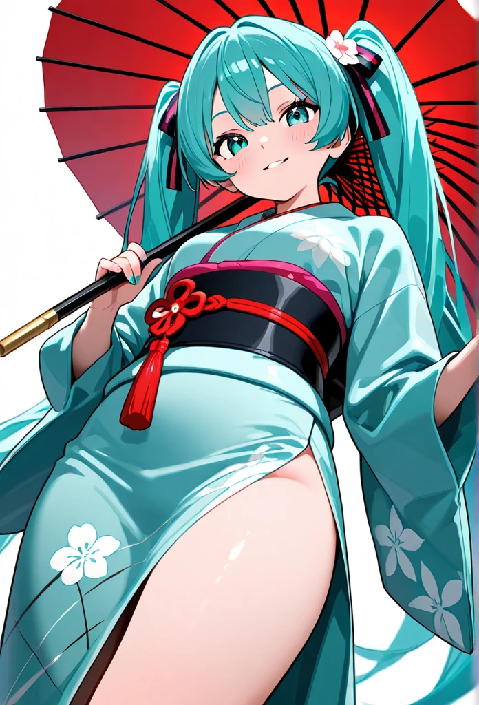 (1girl in),(High quality), (hight resolution), (Highly detailed), (in 8K),(lower body shot),Ram from Urusei Yatsura wears a white and red shoulderless kimono.),(Wearing black pantyhose)No shoes,Perfect Lighting,(Beautifully erect nipple shape:1.1),hight resolutionの美しい目,(Neutral white lighting:1.2),simple background,