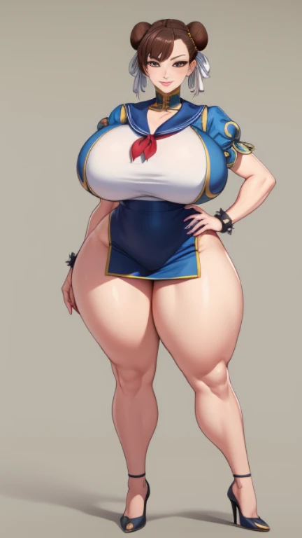 Big Breasts, Big Hips, Full Body Shot, Mature mother, Voluptuous thighs, Full calf, Seductive mature woman, Perfect body, Plus Size Model, Sailor suit, Wearing high heels,Miniskirt Uniform, Chunli,
