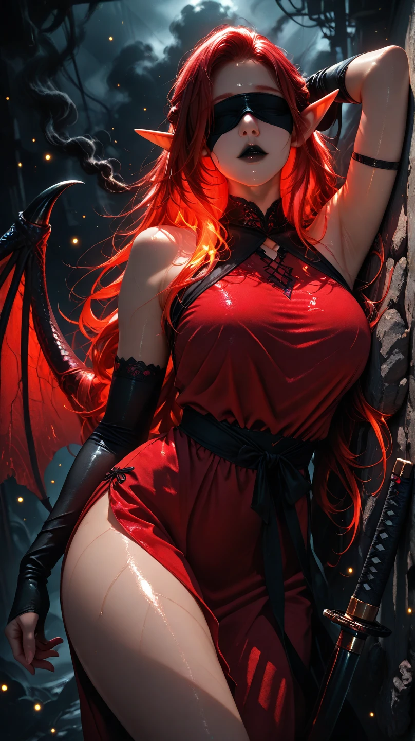 best quality,masterpiece, an extremely delicate and beautiful, CG,extremely detailed ,highres, extremely detailed,depth of field, 1girl,beautiful detailed girl,(Blood red hair),long_hair, beautiful detailed red eyes,(makeup:1.2),Red lips,light on face,(seductive smile:1.2),big breasts,(thigh),red Torn pantyhose,red torn dress,(full body blood),flower tattoo on breasts,Bleeding wounds,Bleeding from knife wounds,(cowboy shot:1.2),Red spider lily,Starry sky background