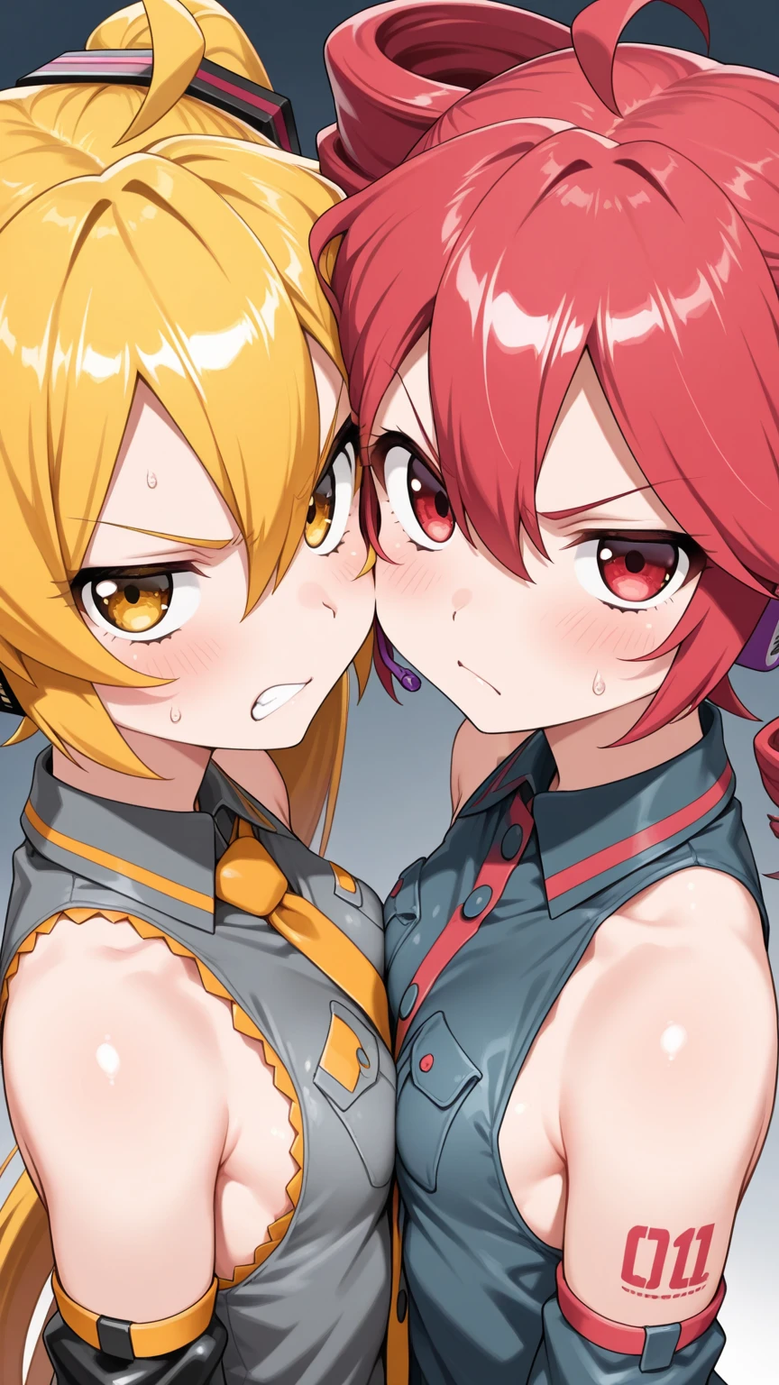 (best quality), (two_heads:1.4) (masterpiece), (solo), 1girl, power_csm, blonde hair, yellow eyes, cross-shaped pupils, park background, symbol-shaped pupils, red horns, black sports bra, midriff, baseball shirt, white pants, black belt, baseball cap, ((evil, blood, sadistic)), upper body