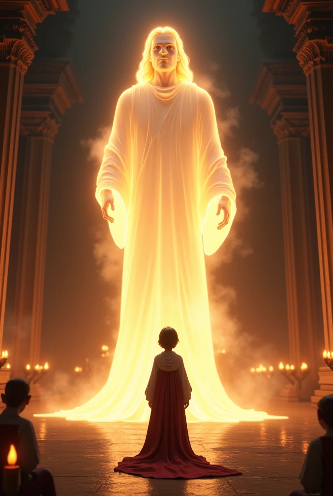 God calling Samuel by a light animated pixar style