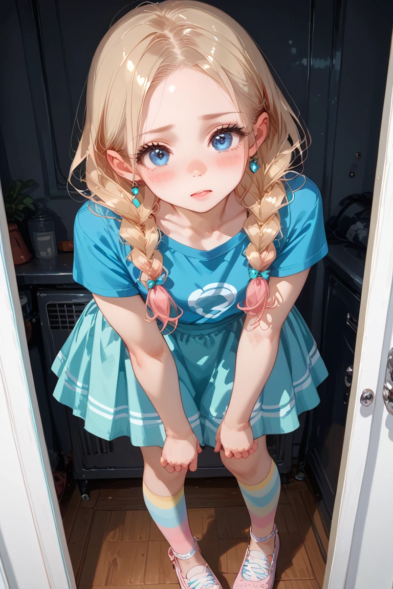 ((best quality)), ((masterpiece)), (detailed), 1girl, off-shoulder baggy sweater,clothes too big exposing chest,(little chest),(big forhead:1.2),(beautiful big eyes:1.3),extremely detailed cute anime face, (((flat chest))),((((long twin braids,tight braids,long braid,braided hair,long hime cut,colored inner hair)))),intricate eyes,beautiful detailed eyes,symmetrical eyes,(((detailed face))),beautiful detailed lips,(nsfw)), ((downblouse, upskirt)),(baggy, sagging clothes, upskirt, downblouse), dynamic pose,looking at viewer, (((embarrassed))),(horrified expression),(crying),highres,(best quality),(ultra detailed,extremely detailed),perfect face details, ((masterpiece:1.4, best quality))+, (ultra detailed)+, long twintails, cute girl,blue clothes, (flat chest:1.3), NSFW, small breasts, prominent collarbones, skinny arms, flat stomach, visible hip bones, long hair, red hair, white hair, blonde hair, dark hair, ponytail, thick ponytail, heavy ponytail, small breasts, NSFW