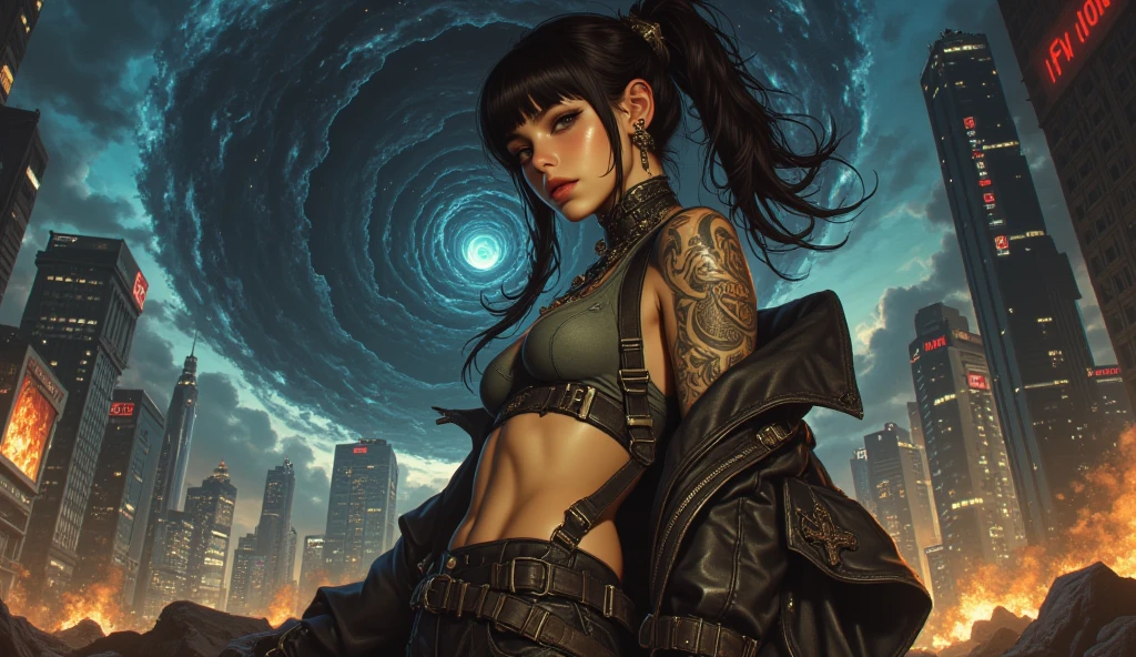 (masterpiece, top quality, best quality, official art, beautiful, cosmic, atmospheric, psychedelic, dreamlike, swirling psychedelic cosmic graffiti patterns and aesthetic:1.2), (1girl, neon black mohawk hair, beautuful highly detailed Harajuku-inspired hooded punk rock hip hop clothing torn skinny jeans, tons of tattoos and piercings, super huge enormously gigantic tits, cleavage showing), extreme detailed,(fractal art:1.3),colorful,highest detailed, cherry blossoms and butterflies blowing in the wind 