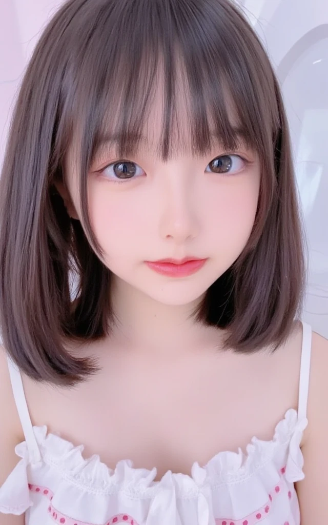absurdres, (masterpiece, best quality), (ultra-detailed), extremely detailed,super high resolution, (Top Quality photorealistic Illustration), (Super Definition), (best quality,masterpiece:1.0),(cute illustration), (high Saturation:1.2), highres, ultra-detailed, 32k,8k resolution, intricate details, cinematic scene, detailed background, Soar (High chroma),(Sparkling),bathroom, depth background, in the sandy beach, ocean, splashing, blue sky, windy, rim light, sunlight, beautiful lighting, strong light,BREAK (one girl) (kawaii), (cute), Beautiful and delicate eyes, Delicate and beautiful face, Facial accents, Perfect figure, (show off small nipples:1.6), (small areolas),(open shirt), Uniforms、bright expression、short bowl cut、Young shiny shiny white shiny skin、Best Looks、Natural black hair with dazzling highlights、shiny light hair, (short hair), silky straight hair、Beautiful bangs that shine、Double eyelids、eye liner、Glowing crystal clear attractive big brown eyes,(Very beautiful nice cute 14 year old Nordic girl)