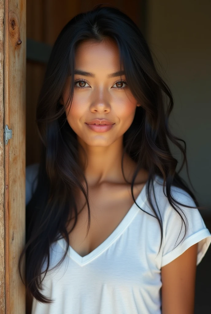 Photo of a cute sweet Brazilian woman with black hair and white skin aged between 20 and 2 to create a professional profile for a business profile involving communication in a simple way. Very realistic image in a simple way where you can&#39;t see that it was created 
