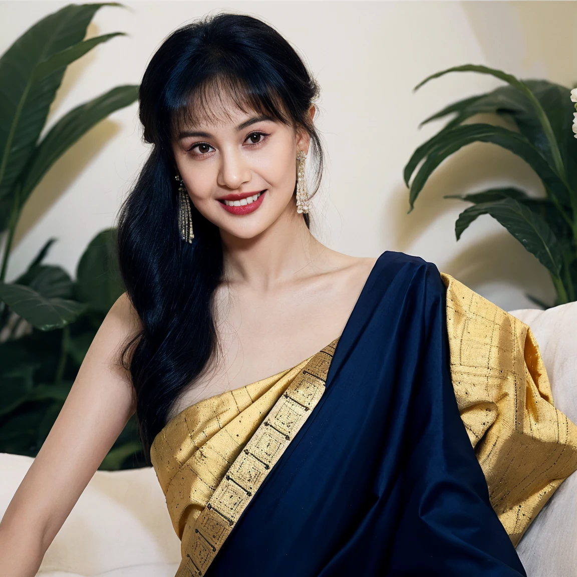 "joyful middle-aged woman in a beautiful saree with black eyes, black hair, and a round face, exuding happiness with dusty skin."