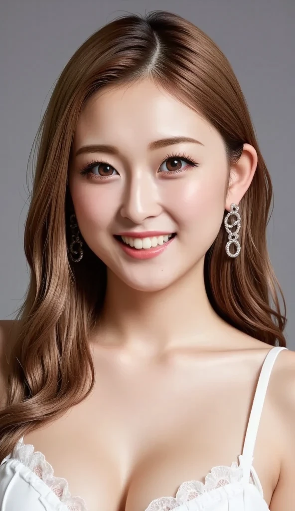 best image quality、Raw photo、超A high resolution、21 year old cute Japanese woman、Shooting for one person only、small breasts、shiny hair、light brown hair with highlights、Beautiful eyes in every detail、rainbow colored eyes、beautiful eyelashes、beautiful double eyelids、earrings、living room、Room wear、smile gently