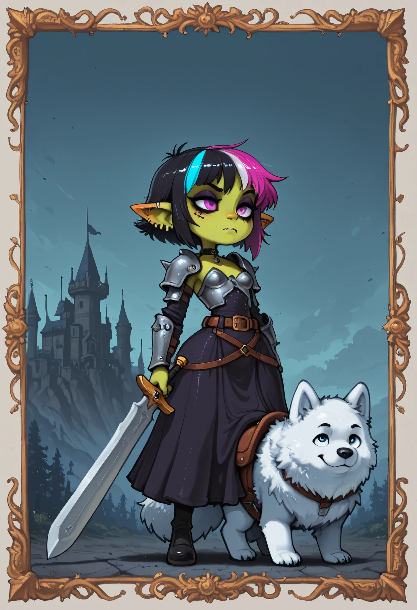female punk, random colors hair, short hair, black eye , facial piercings, eye makeup, small breasts, meduim hips, (goblin girl:1.0) (shortstack:1.0) (green skin:1.0) (pointy ears:1.0) (wide hips:1.0)| (((big white Samoyed))) , (((riding big white Samoyed))) ,score_9, score_8_up, score_7_up, score_6_up, score_5_up, body,armor, choker, old castle_background, long_Skirt, belt,full body,in your hands sword and shield,