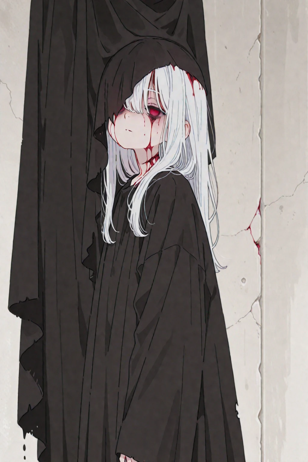 1girl, looking away, glowing eyes, green eyes, hand on own cheek, black t-shirt, black skirt, black socks, white and black shoes, dark and blue background, small hair, white hair, medium , full body, head phone, sharp fingernails, read fingernails, scary, mouth mask, wearing glasses, dark mirror, white full mon, blood on the ground, scary, blood,