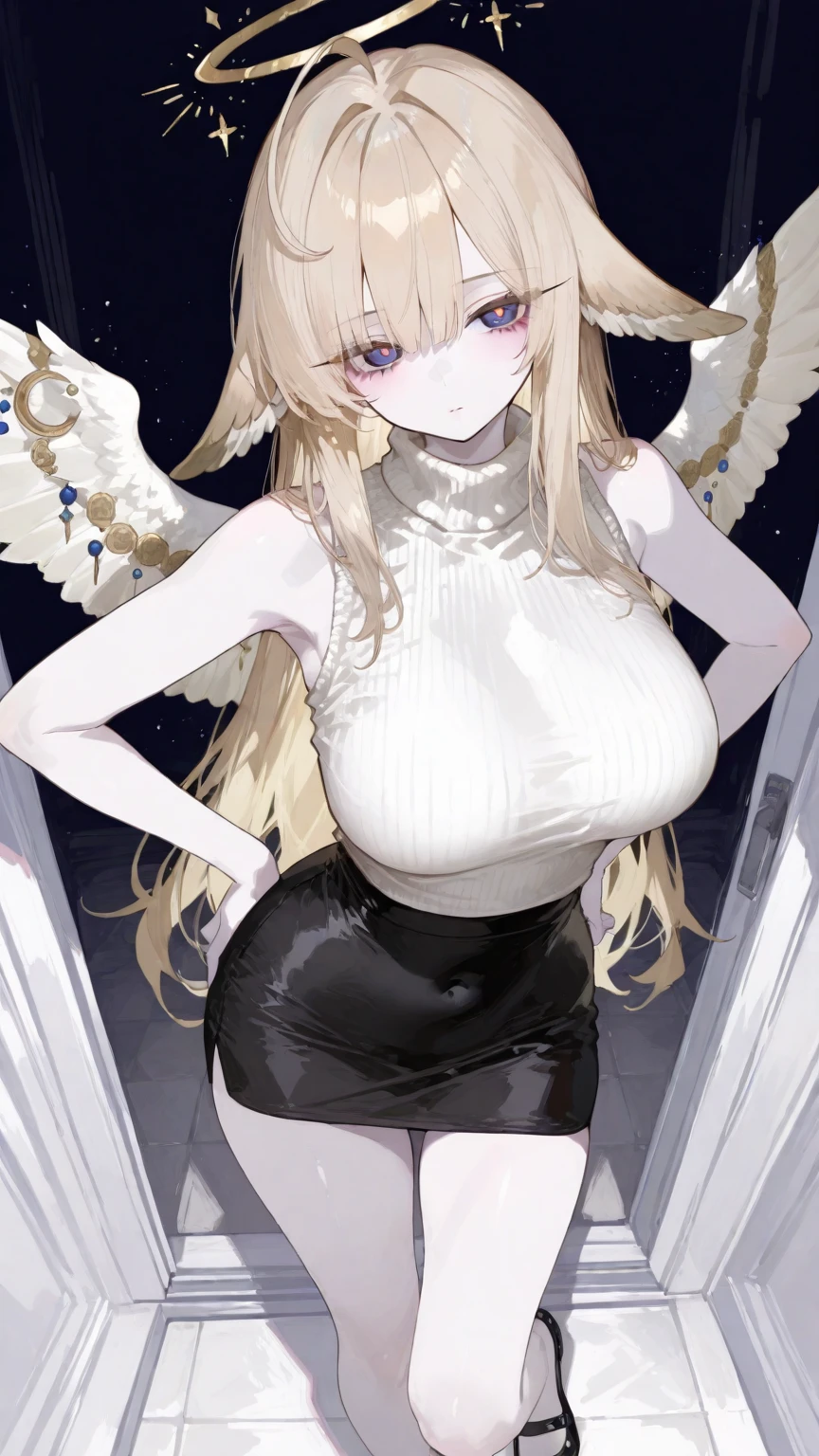 beautiful young woman, lithe physique, long messy peach colored hair, magenta eyes, halo, crown, white shirt, black tie, black jacket, black pants, suit and tie, small breasts, nipples poking through, nipples, large ass, thighs, highly detailed, 8k, photorealistic, dramatic lighting, cinematic, elegant, fashion portrait, angel, angelic, wings,