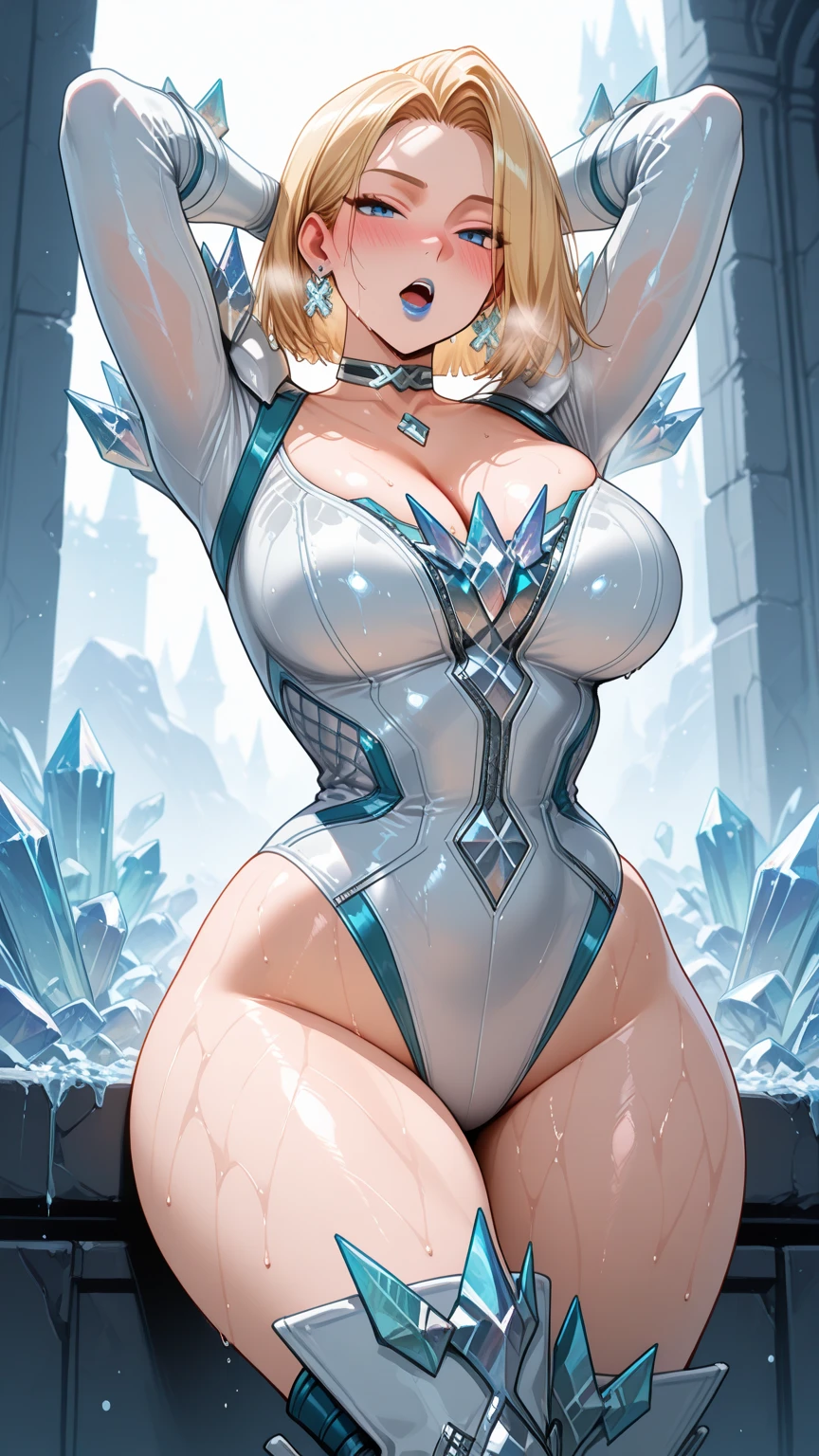 closeup photograph, (best qualityer,highres,master part:1.2),ultra detali,realisitic:1.37,sexy girl with superpowers, stunning blue eyes, long icy blonde hair, fierce expression, icy breath, Ice patterns on the skin, hypermuscle, Breasts huge, sparkling frost aura, Cool blue lighting, dark and mysterious background, intense stare, captivating beauty, icy blue nails, frozen environment, powerful and confident posture, Super hero, frozen fragments floating in the air, dynamic movement, Icy makeup, cold and cold atmosphere, Seductive charm, dangerous and seductive, Icy powers, icy touch, The embodiment of winter, Cold hug, enchanting presence.street at night, fotorrealisitic, cinematic lighting
