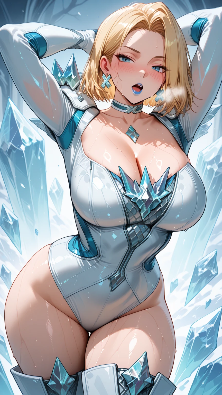closeup photograph, (best qualityer,highres,master part:1.2),ultra detali,realisitic:1.37,sexy girl with superpowers, stunning blue eyes, long icy blonde hair, fierce expression, icy breath, Ice patterns on the skin, hypermuscle, Breasts huge, sparkling frost aura, Cool blue lighting, dark and mysterious background, intense stare, captivating beauty, icy blue nails, frozen environment, powerful and confident posture, Super hero, frozen fragments floating in the air, dynamic movement, Icy makeup, cold and cold atmosphere, Seductive charm, dangerous and seductive, Icy powers, icy touch, The embodiment of winter, Cold hug, enchanting presence.street at night, fotorrealisitic, cinematic lighting