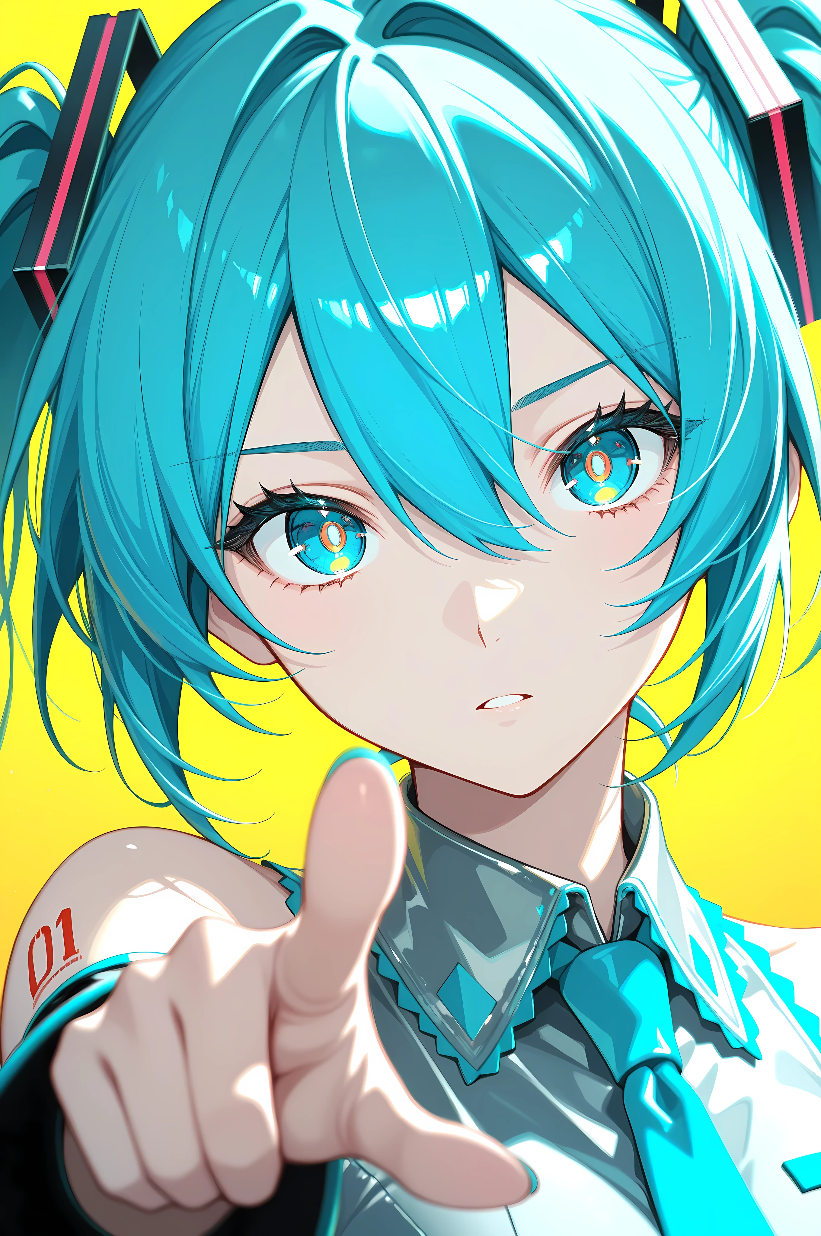 1girl, hatsune miku, blue eyes, blue hair, chromatic aberration, hair between eyes, ((pointing viewer)), looking at viewer, portrait, short hair, gradient background, solo, yellow background, yellow pupils, masterpiece, best quality, newest,