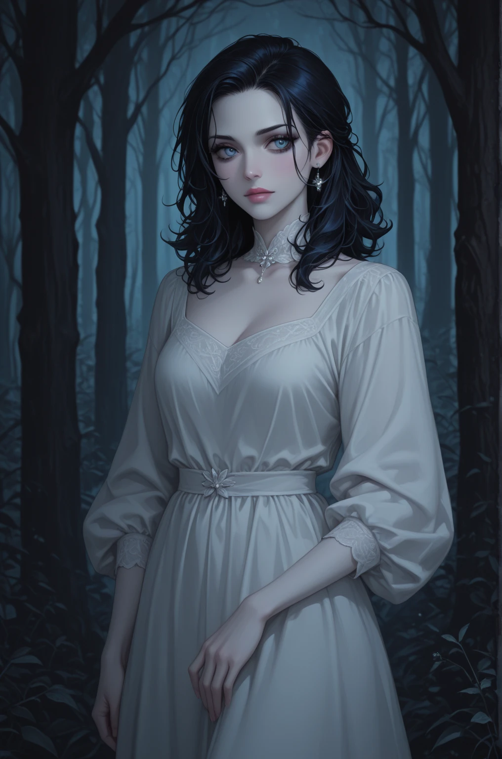 a beautiful vampire girlfriend, detailed face and eyes, long eyelashes, porcelain skin, flowing dark hair, elegant gothic dress, dramatic lighting, moody atmospheric colors, fantasy setting with mist and moonlight, (best quality,4k,8k,highres,masterpiece:1.2),ultra-detailed,(realistic,photorealistic,photo-realistic:1.37)