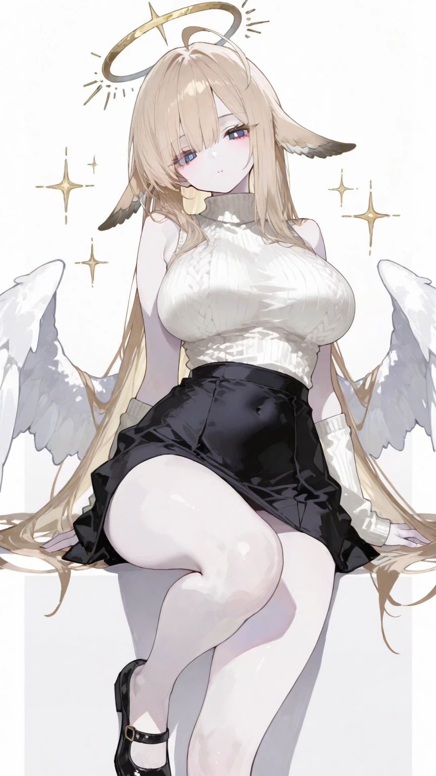 {{full body}},{{1girl}},{{sitting}},wariza,looking down,from below,{upskirt},dynamic angle, dynamic cut,naughty smile,macrophilia,{white wings},{angel},{{very muscular}},{{hyper muscle}},{very curvy},{very big woman},{very gigantic woman},{very strong woman},{very tall woman},{very long legs},{very gigantic breasts},{very big breasts},{two side up},{very grown-up body},{adult woman},blonde hair,barefoot,cute dress shirt frills ribbon split corset skirt,best quality,masterpiece,white background,