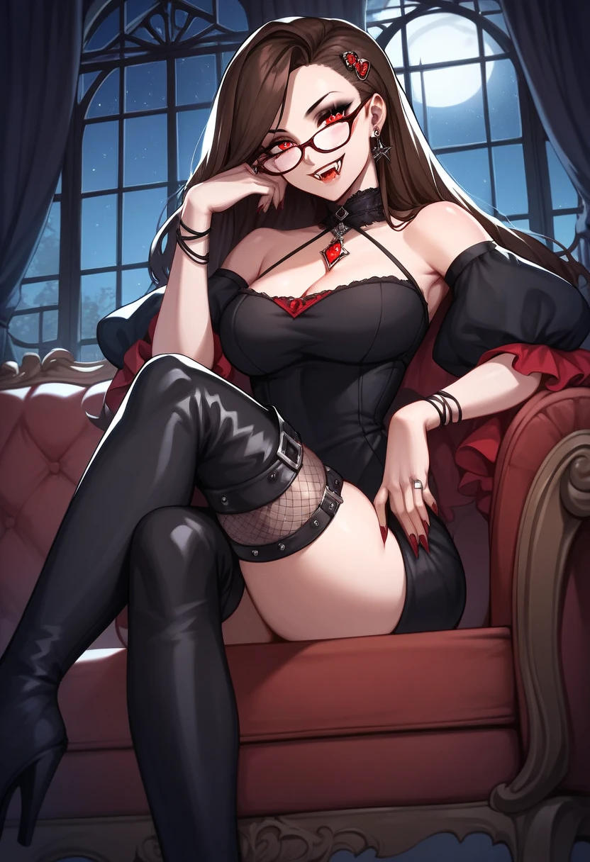 On the sofa sat a girl in red lace underwear, Black suspender stockings on both legs, Glasses, D-cups, red high heel pumps,No coats,White color hair