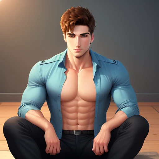 A paramedic man, Handsome, chestnut, Delgado, shows his beautiful torso with his shirt unbuttoned, wears surgical gloves. 4k