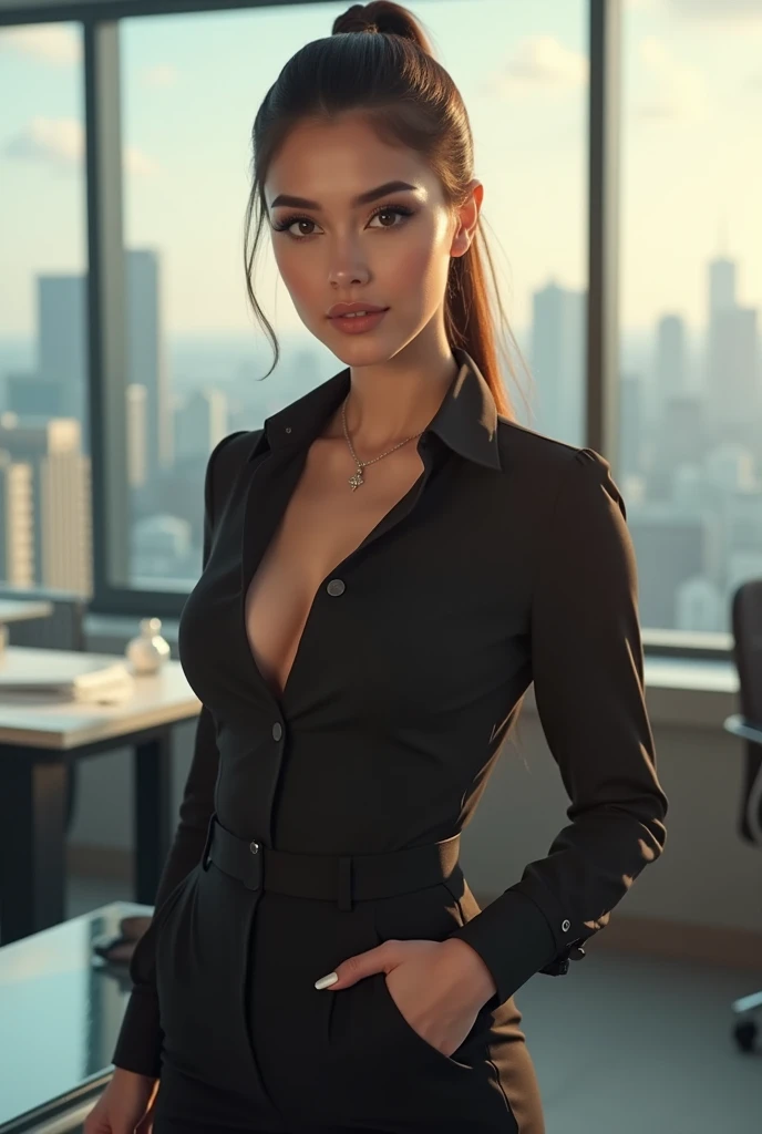Gorgeous young supermodel smiling, hot young blonde highschool glamour model girls working in an office, girls working in the background, hair in a fancy updo style, full body view,  
