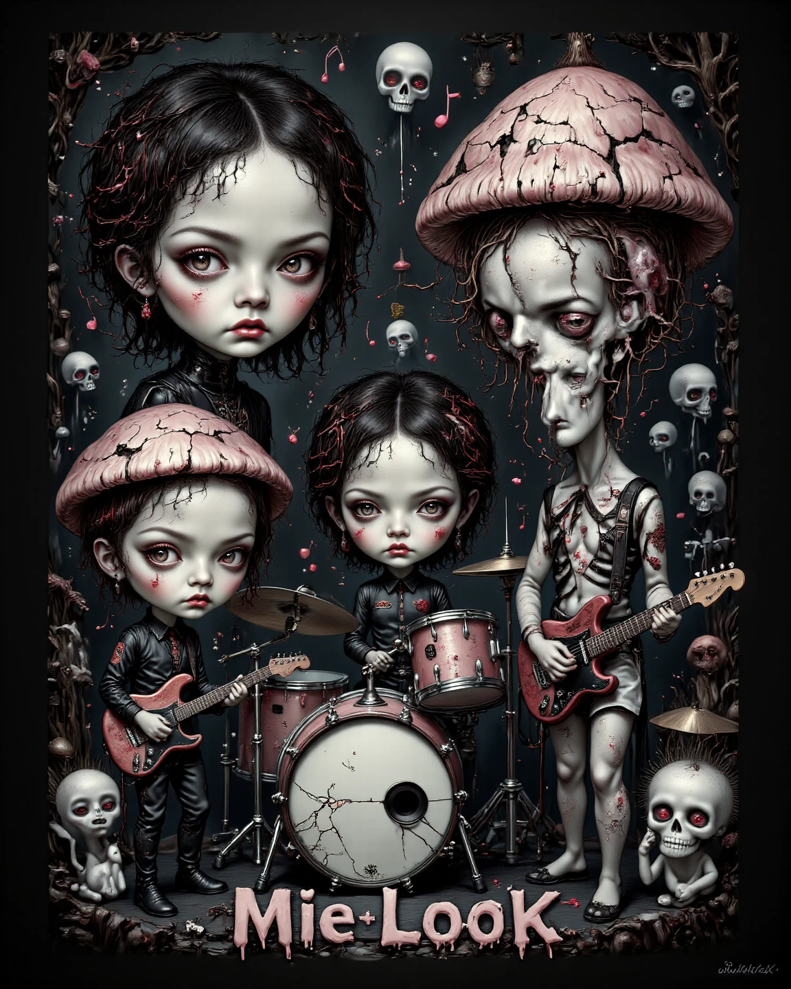 <lora:Mark Ryden Style:1>, <lora:V1nt4geKn0ck3rs_v2:0.5>, high quality, high resolution, masterpiece, looking at viewer, complex painting with many perspectives, Mark Ryden Style page, apocalypse, black plague, dystopia, extreme violence, fractals, evil girl with horns with big breasts, latex body suit, tsunami, laughing, whipping thousand of miserable men, on top of a pile of gold, terminators, nuclear bomb in the background, the world is on fire, the devil is watching in the sky, piles of money, mascara, earings, V1nt4geKn0ck3rs