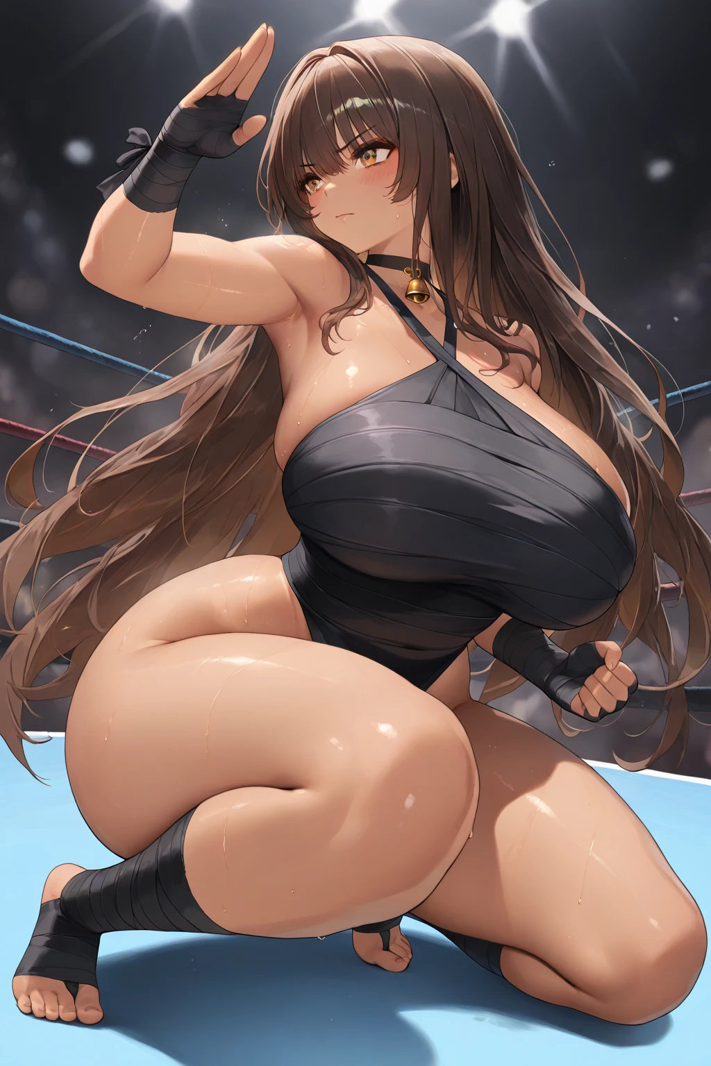 beautiful girl、Fighter、Black Hair、long hair、Big Breasts、sexy、Sexy、A gentle smile、Racy leotard、High leg、Wristband、Gloves、Long shoes、canvaat、On the Ring、Match in the ring、venue、The whole body is visible、Abdominal muscles、one person、High kick on one leg、High kick pose