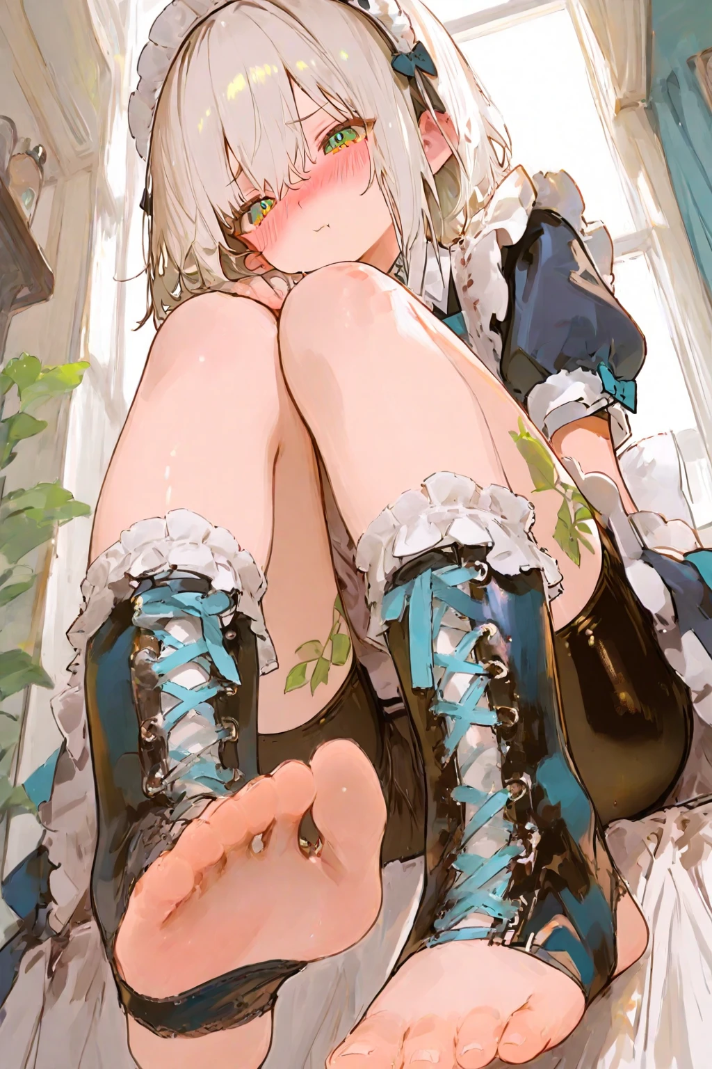 (sitting on the floor,leaning back:1.4), (against the wall,peeling wall:1.3), ((slouching,spread legs)), (urine puddle:1.3), (arms down:1.3), (dead girl:1.2), 

BREAK 
(ultra detailed,highres,absurdres,absolutely resolution:1.3), 

(prison cell,stone construction,cracks:1.4), (indoors,abandoned building,urbex:1.3), ((dark theme)), 

1girl, solo, clothes reflecting light, cinematic lighting, BREAK 

(((lace panties,white panties,lace-trimmed,frills))), wearing panties, BREAK 

(((peeing self))), (dripping urine:1.4), 
A lot of urine is overflowing from her crotch, 
((wet panties,urine_stain))
(urine:1.3), ((peeing)), BREAK 

(vita clotilde,very long hair,forehead,parted bangs:1.3), earrings, BREAK 
vita clotilde, (lace,elbow gloves,bracelets:1.3), white dress, blue detached collar, belt, bare shoulders, lace-trimmed, BREAK 
(black thighhighs,garter straps,lace:1.3), BREAK 
(wearing gold footwear:1.3), high heels, ankle straps, 