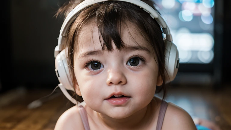 GIRL child 12 years , RUSSO LOIRO cabelos compridos e fones de ouvido , portrait , JAQUETA COURO PRATA, VINIS E CDS fundo GREEN.