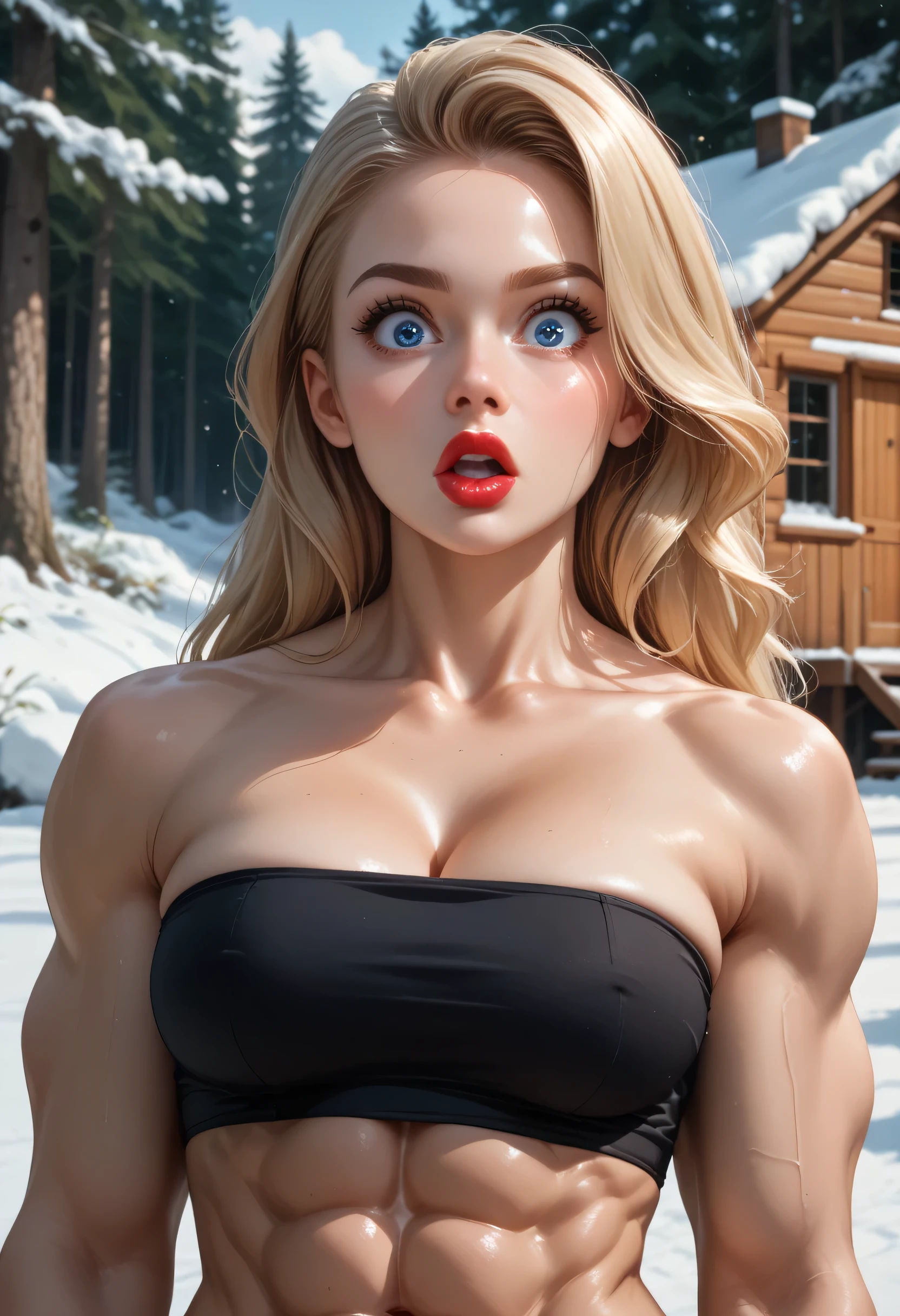(snow, forest freezing, cabin), perfect face, blonde hair, long hair, (forehead), blond eyebrows, thin eyebrows, blue eyes, black eyeliners, big eyes, nose, blushing, thick lips, red lips, big lips, (surprised), collarbone, cleavage, medium breasts, (muscles), (abs), black tube top, navel, looking at viewer