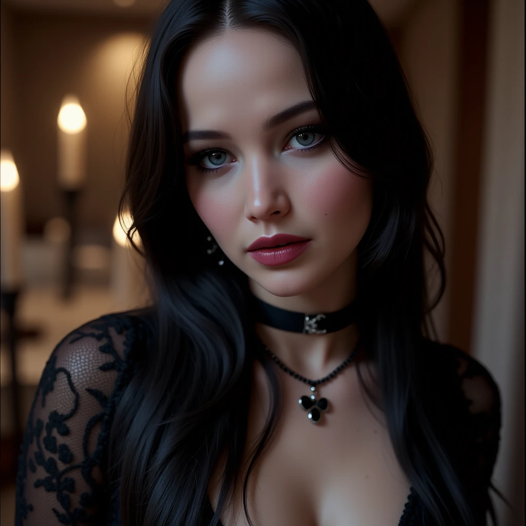 Masterpiece, Best Quality, A very beautiful and mysterious woman with long straight black hair, big blue eyes and pale complexion, gothic, from Madrid, 22 years, very elegant, sexy, hair like Cleopatra