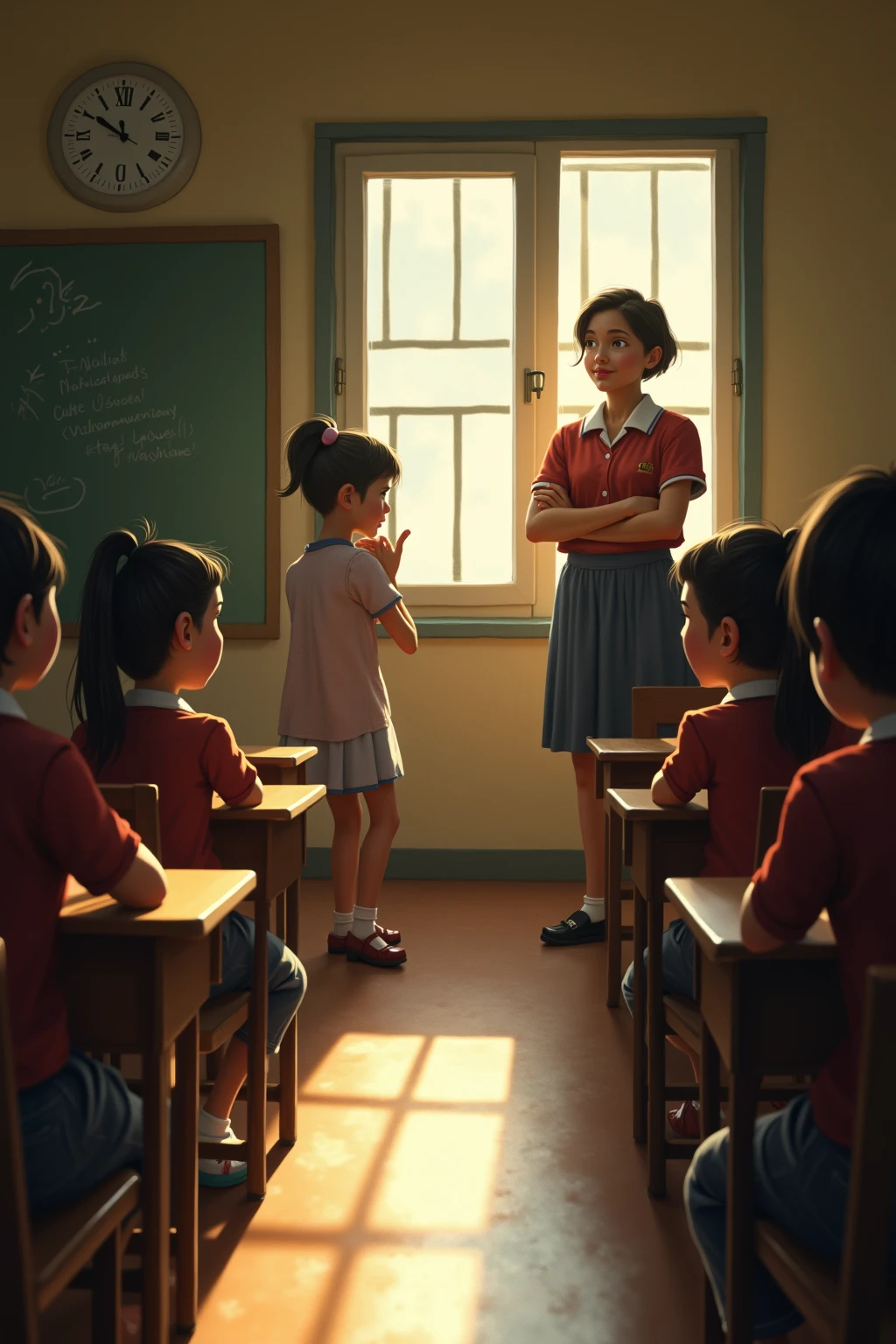Depict the young woman teaching children basic skills like reading, writing, and arithmetic in a simple rural schoolhouse. She is dressed in modest 1980s attire suitable for teaching. Show her in a warm, inviting setting with soft lighting that highlights the shadows of the classroom and the engaged faces of her students.