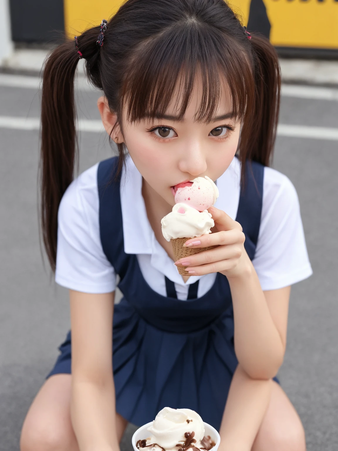 (8K、Raw photography、Highest quality、masterpiece:1.2),(Black Hair、Dark Eyes:1.9),(High school girls、school uniform:1.6)、View your audience,Viewed from the front,White skin,(Sticking your tongue out of your mouth:1.4)、(Licking ice cream:1.6)、(White cream drips from her mouth:1.4)、(Tight waist:1.6)、(Clothes that accentuate the shape of the breasts:1.0)、(Big Breasts :1.2)、Slim figure、Ultra-high resolution,beautiful,beautiful fece,(One person、No background:1.9),whole bodyボディー,Japanese women,(reality的:1.37)、Photon Mapping,reality、(Baby-faced and cute: 1.3)、(Cute Smile: 1.2)、(Round face: 1.8)、Radio City、Physically Based Rendering、Depth of field rally background、photograph, (:1.8),(:1.3),whole body、Great quality