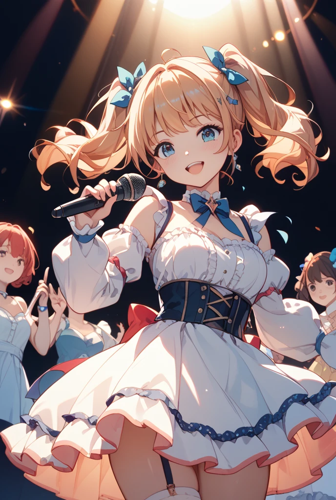 (Low - Angle), (masterpiece, Highest quality, High resolution), score_9, score_8_superior, score_7_superior, score_6_superior, sauce_anime, One person, Honoka Kousaka, We are in the present, lovelive!, score_9, score_8_superior, score_7_superior, score_6_superior, sauce_anime, blue eyes, Orange Hair, Medium chest, Side Ponytail, Medium Hair, Idol, Dancing energetically,Hands outstretched, Outdoor, μsIdolドレス, loveliveのIdolドレス, Bright Stage, Illumination from below, Idolコスチューム, White panties, Frilled Panties, Panty shot, alone, A big flip-up dress, Pleated skirt, smile