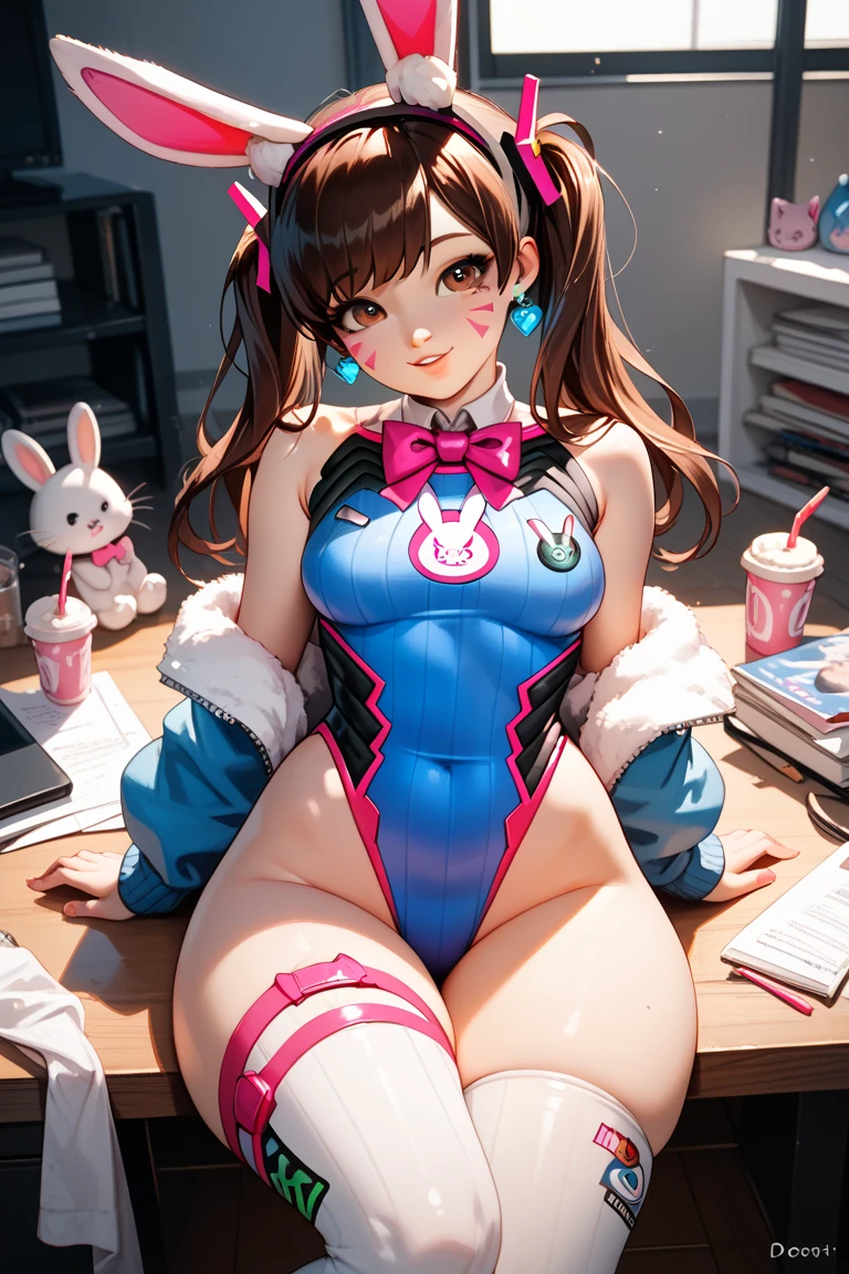 a cute girl, perfect face, (((large triple D cup breasts))) shiny skin, slim waist, playboy bunny,bowtie, detached collar, highleg leotard, pink legwear, pink leotard, side-tie leotard, strapless leotard, wrist cuffs, 1girl, 18 years old ,cute, pretty, emo, , hime cut, gradient hair, shy, bubbly ass, big breasts, perfect breasts, halo, yandere, blue hair, legs, hand under breasts, hand on face