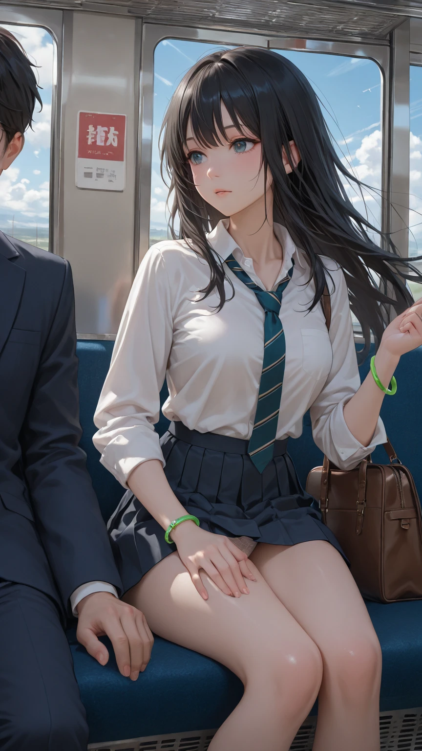Nsfw, ecchi, Group of men pull off the woman's clothes, touching sexy women in train, women are touched by men everywhere, woman loses her clothes, her breasts fall out, men pull at their clothes