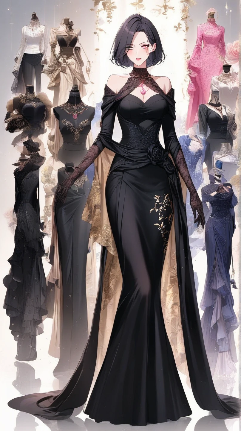 lwsh, illustration of a cute woman, A form-fitting black satin gown with a plunging neckline, accessorized with a feathered fascinator and elbow-length gloves