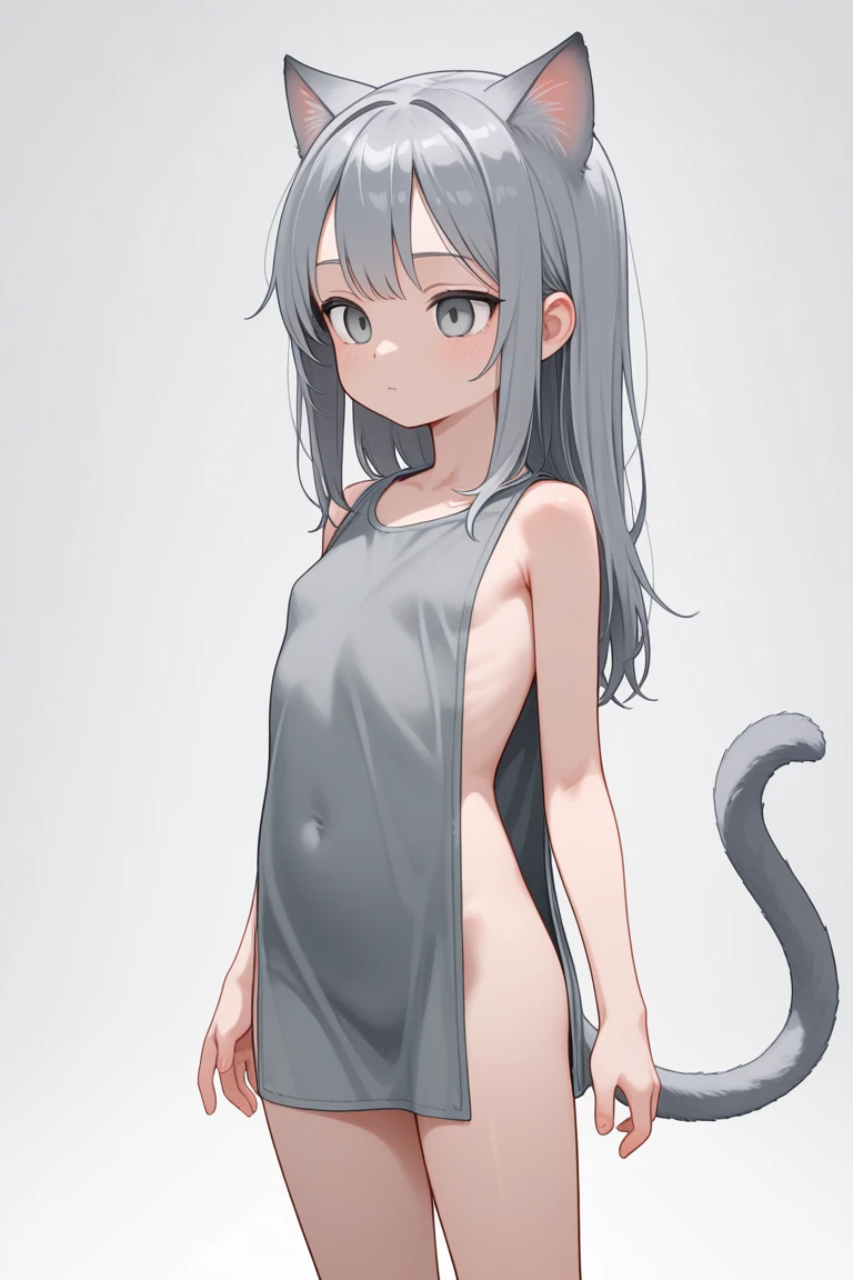 1girl with short grey hair, black eyes, slender body, medium breasts, grey natural mouse ears, natural mouse tail, blush, embarrassed, nude, chibi style, simple background, cover genital