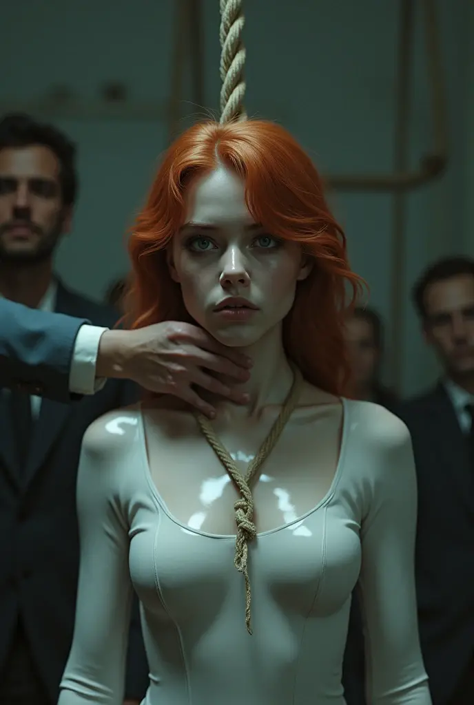 man tightening rope noose around brazilian woman neck, red hair, white latex pvc bodysuit, 16-year-old woman, man putting rope around woman's neck, womanserious expression, woman empty expression, wide-eyed, scared, execution by hanging, gallows
